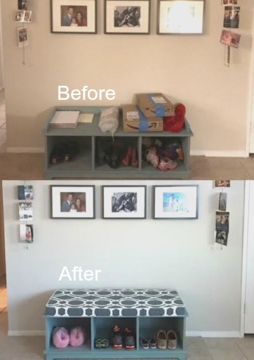 shoe bench organizing before & after